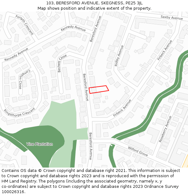 103, BERESFORD AVENUE, SKEGNESS, PE25 3JL: Location map and indicative extent of plot