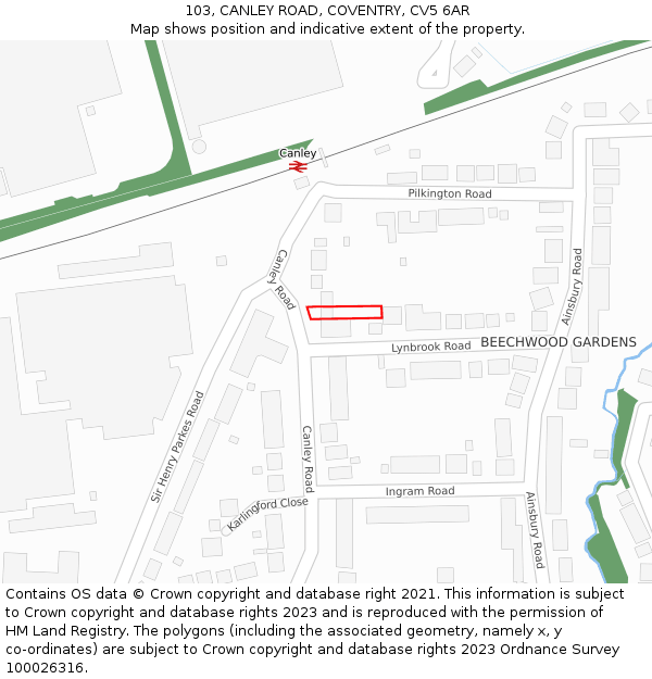 103, CANLEY ROAD, COVENTRY, CV5 6AR: Location map and indicative extent of plot