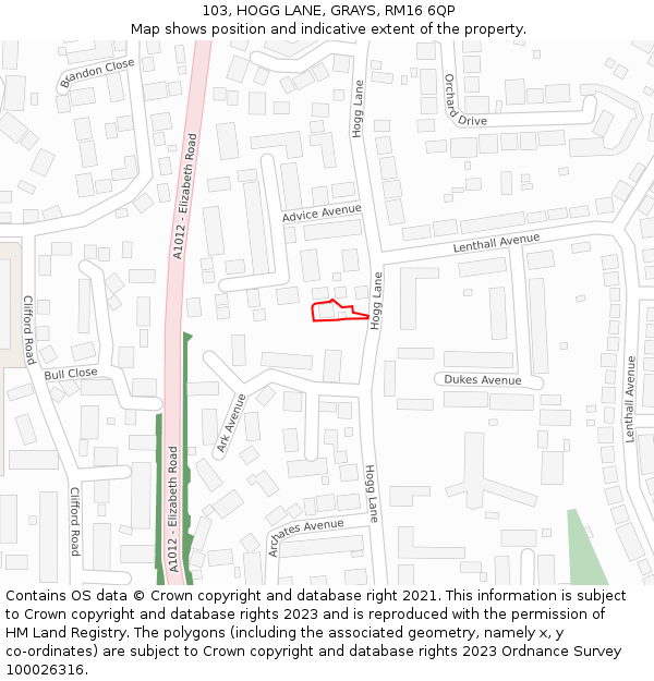 103, HOGG LANE, GRAYS, RM16 6QP: Location map and indicative extent of plot