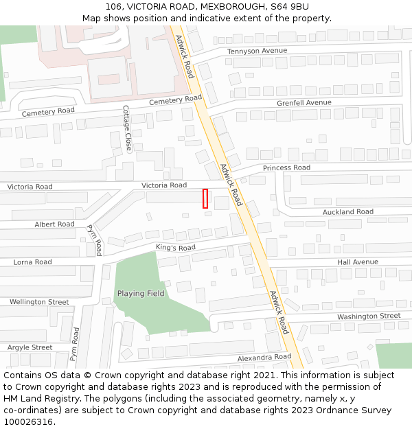 106, VICTORIA ROAD, MEXBOROUGH, S64 9BU: Location map and indicative extent of plot