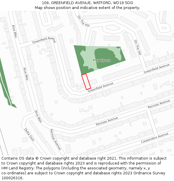 109, GREENFIELD AVENUE, WATFORD, WD19 5DG: Location map and indicative extent of plot