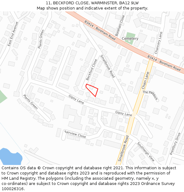 11, BECKFORD CLOSE, WARMINSTER, BA12 9LW: Location map and indicative extent of plot