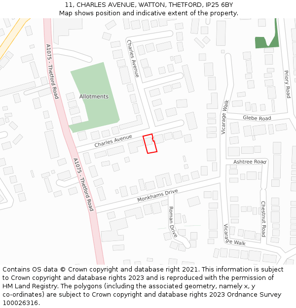 11, CHARLES AVENUE, WATTON, THETFORD, IP25 6BY: Location map and indicative extent of plot