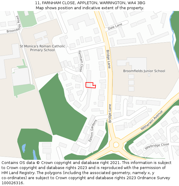 11, FARNHAM CLOSE, APPLETON, WARRINGTON, WA4 3BG: Location map and indicative extent of plot
