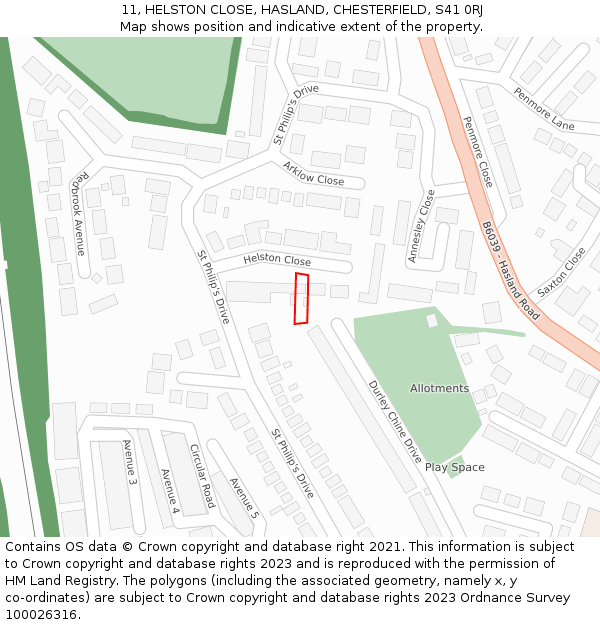 11, HELSTON CLOSE, HASLAND, CHESTERFIELD, S41 0RJ: Location map and indicative extent of plot