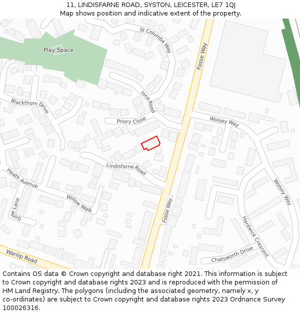 11, LINDISFARNE ROAD, SYSTON, LEICESTER, LE7 1QJ: Location map and indicative extent of plot
