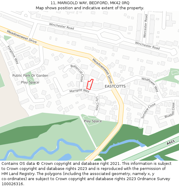 11, MARIGOLD WAY, BEDFORD, MK42 0RQ: Location map and indicative extent of plot