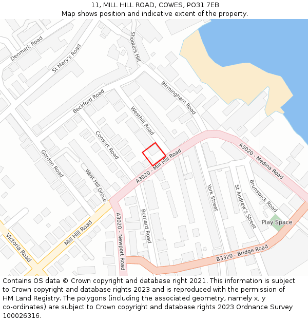 11, MILL HILL ROAD, COWES, PO31 7EB: Location map and indicative extent of plot