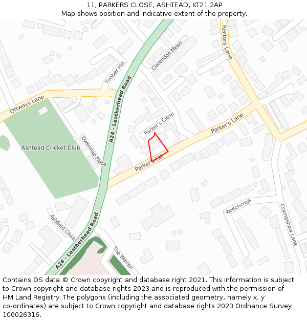 11, PARKERS CLOSE, ASHTEAD, KT21 2AP: Location map and indicative extent of plot
