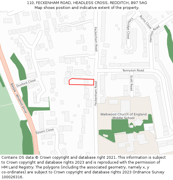 110, FECKENHAM ROAD, HEADLESS CROSS, REDDITCH, B97 5AG: Location map and indicative extent of plot