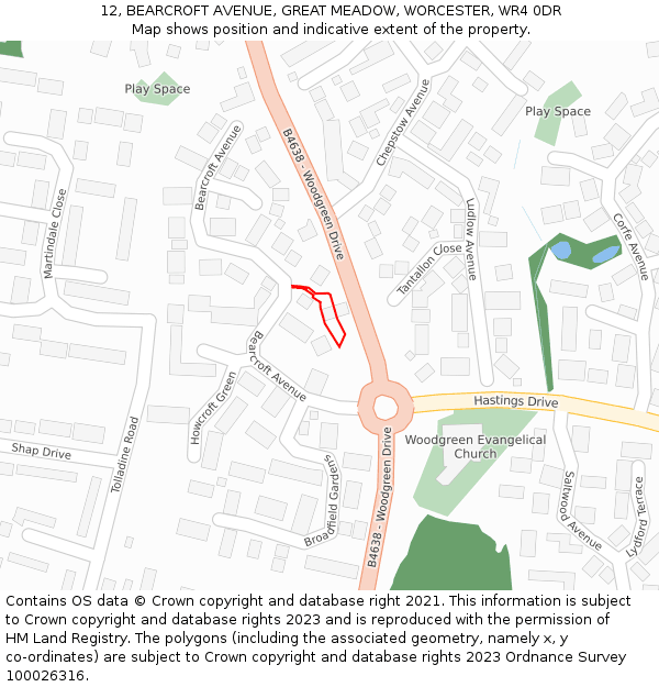 12, BEARCROFT AVENUE, GREAT MEADOW, WORCESTER, WR4 0DR: Location map and indicative extent of plot