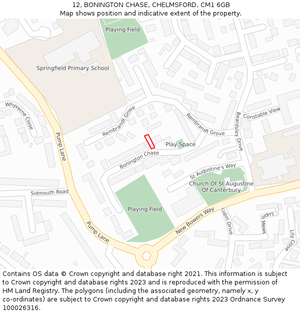 12, BONINGTON CHASE, CHELMSFORD, CM1 6GB: Location map and indicative extent of plot