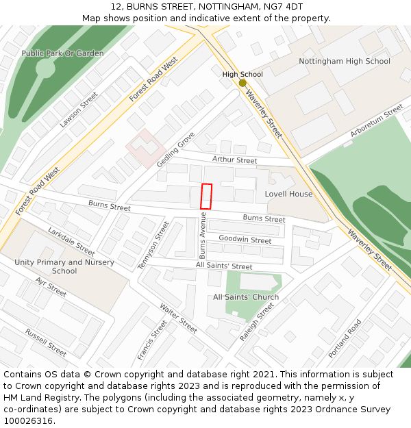 12, BURNS STREET, NOTTINGHAM, NG7 4DT: Location map and indicative extent of plot