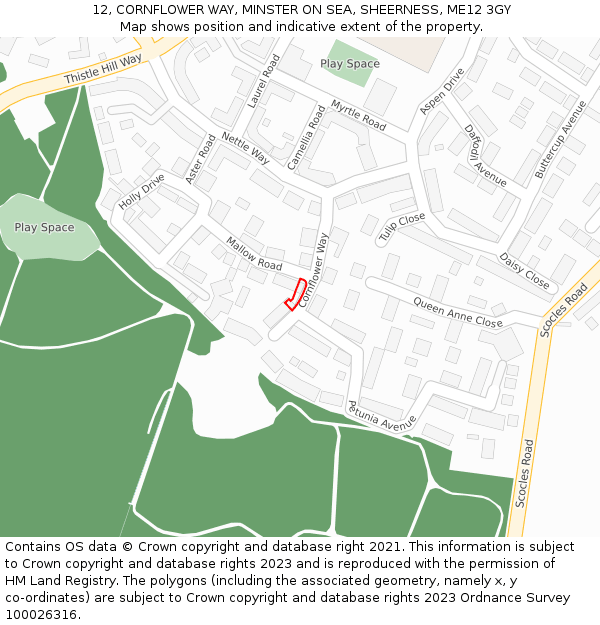 12, CORNFLOWER WAY, MINSTER ON SEA, SHEERNESS, ME12 3GY: Location map and indicative extent of plot