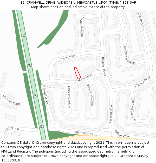 12, CRANWELL DRIVE, WIDEOPEN, NEWCASTLE UPON TYNE, NE13 6AR: Location map and indicative extent of plot