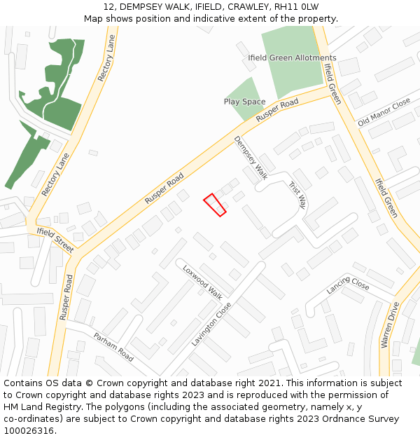 12, DEMPSEY WALK, IFIELD, CRAWLEY, RH11 0LW: Location map and indicative extent of plot