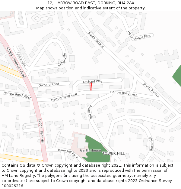 12, HARROW ROAD EAST, DORKING, RH4 2AX: Location map and indicative extent of plot