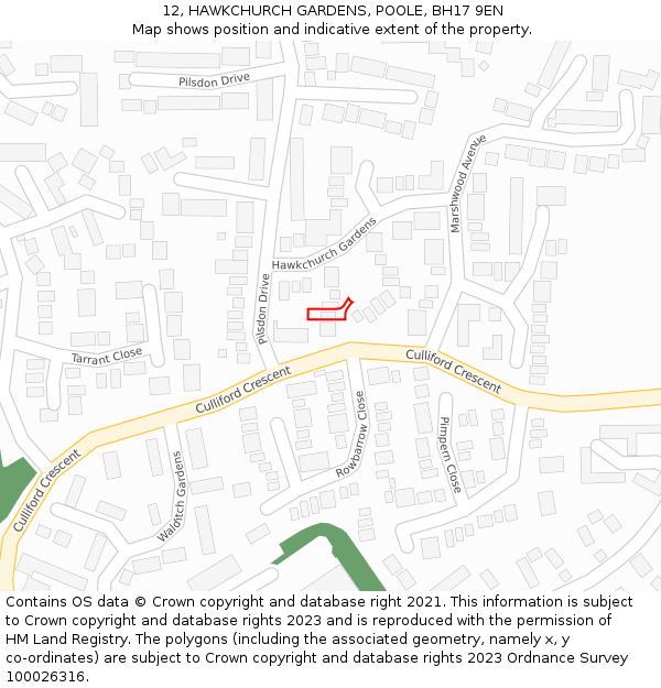 12, HAWKCHURCH GARDENS, POOLE, BH17 9EN: Location map and indicative extent of plot