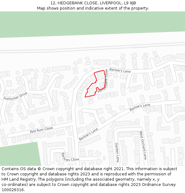 12, HEDGEBANK CLOSE, LIVERPOOL, L9 9JB: Location map and indicative extent of plot