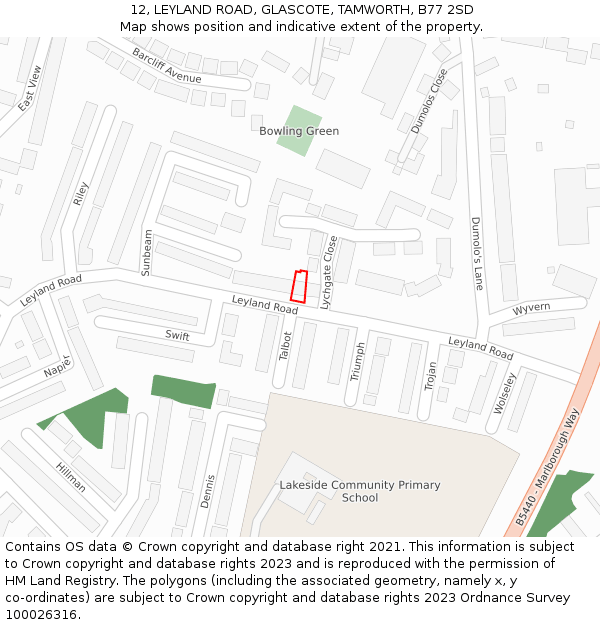 12, LEYLAND ROAD, GLASCOTE, TAMWORTH, B77 2SD: Location map and indicative extent of plot