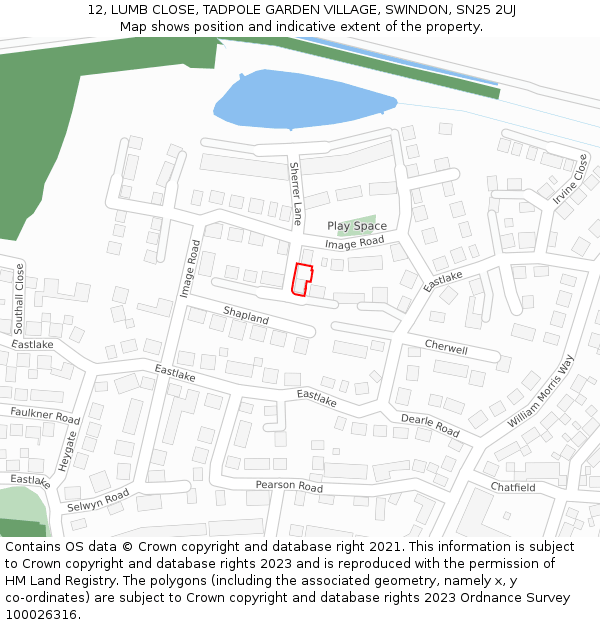 12, LUMB CLOSE, TADPOLE GARDEN VILLAGE, SWINDON, SN25 2UJ: Location map and indicative extent of plot