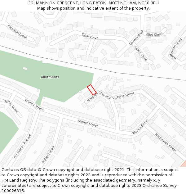 12, MANNION CRESCENT, LONG EATON, NOTTINGHAM, NG10 3EU: Location map and indicative extent of plot