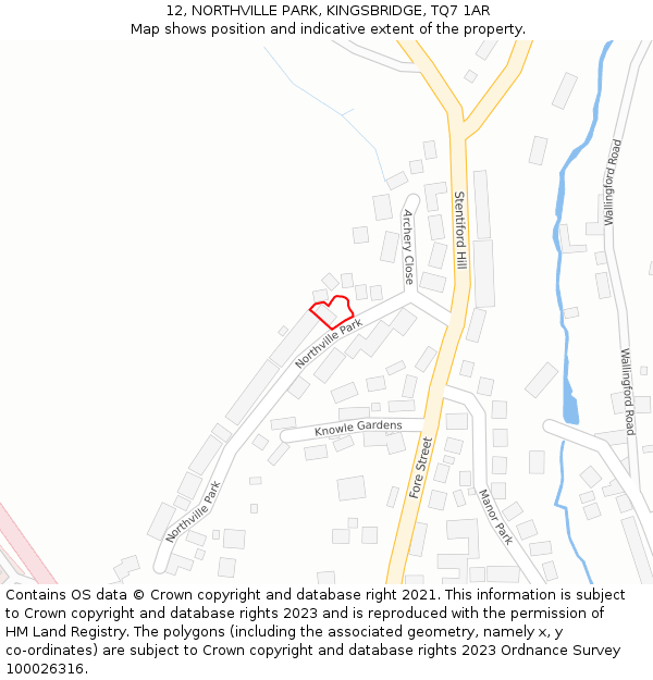12, NORTHVILLE PARK, KINGSBRIDGE, TQ7 1AR: Location map and indicative extent of plot