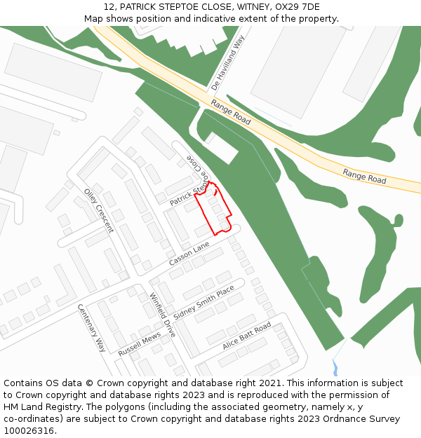 12, PATRICK STEPTOE CLOSE, WITNEY, OX29 7DE: Location map and indicative extent of plot