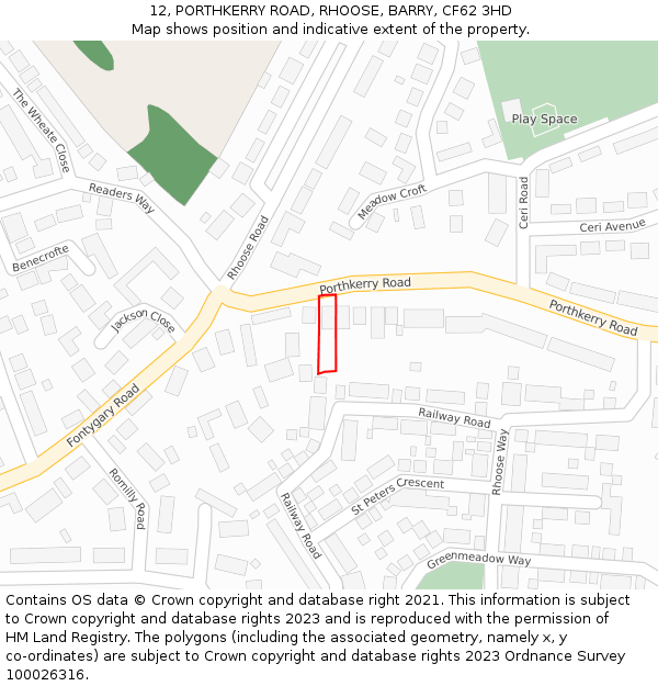 12, PORTHKERRY ROAD, RHOOSE, BARRY, CF62 3HD: Location map and indicative extent of plot