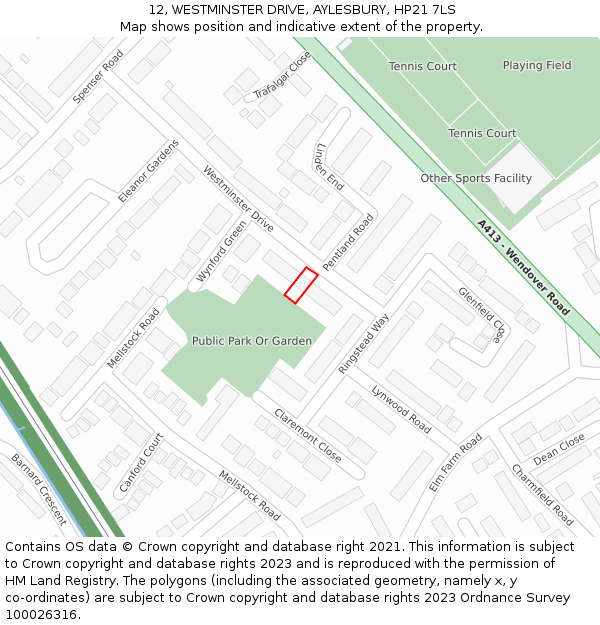 12, WESTMINSTER DRIVE, AYLESBURY, HP21 7LS: Location map and indicative extent of plot