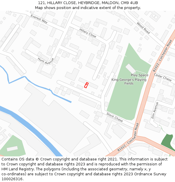 121, HILLARY CLOSE, HEYBRIDGE, MALDON, CM9 4UB: Location map and indicative extent of plot