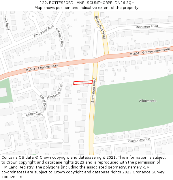 122, BOTTESFORD LANE, SCUNTHORPE, DN16 3QH: Location map and indicative extent of plot