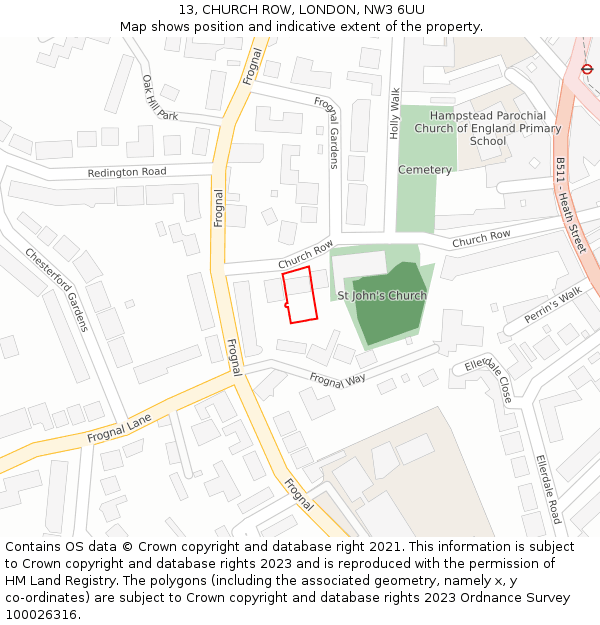 13, CHURCH ROW, LONDON, NW3 6UU: Location map and indicative extent of plot