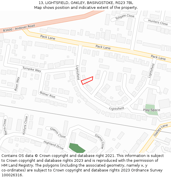 13, LIGHTSFIELD, OAKLEY, BASINGSTOKE, RG23 7BL: Location map and indicative extent of plot