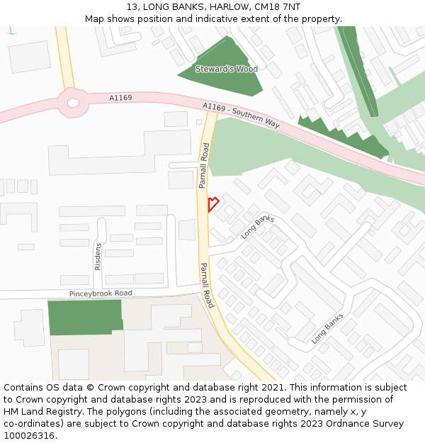 13, LONG BANKS, HARLOW, CM18 7NT: Location map and indicative extent of plot