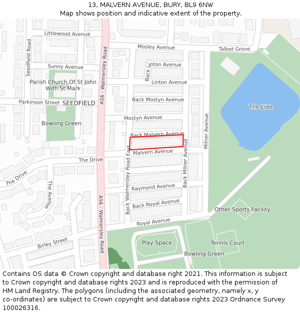13, MALVERN AVENUE, BURY, BL9 6NW: Location map and indicative extent of plot