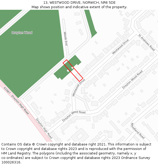 13, WESTWOOD DRIVE, NORWICH, NR6 5DE: Location map and indicative extent of plot