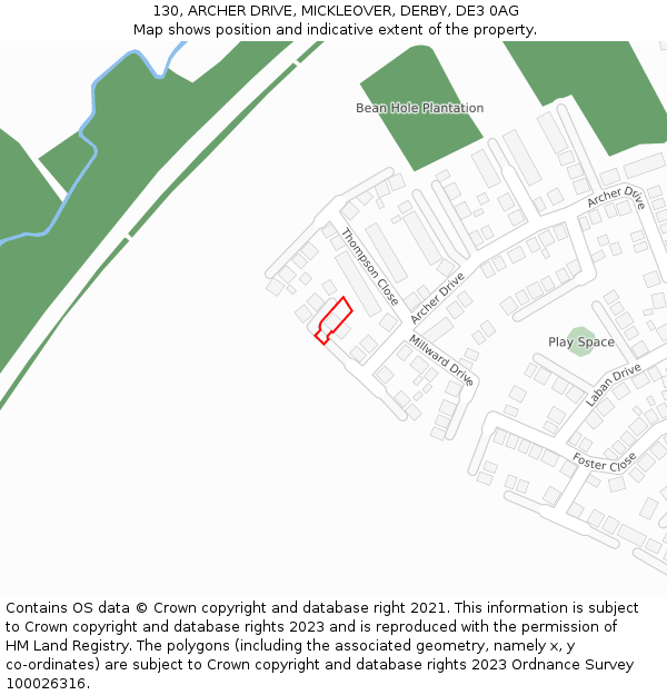 130, ARCHER DRIVE, MICKLEOVER, DERBY, DE3 0AG: Location map and indicative extent of plot