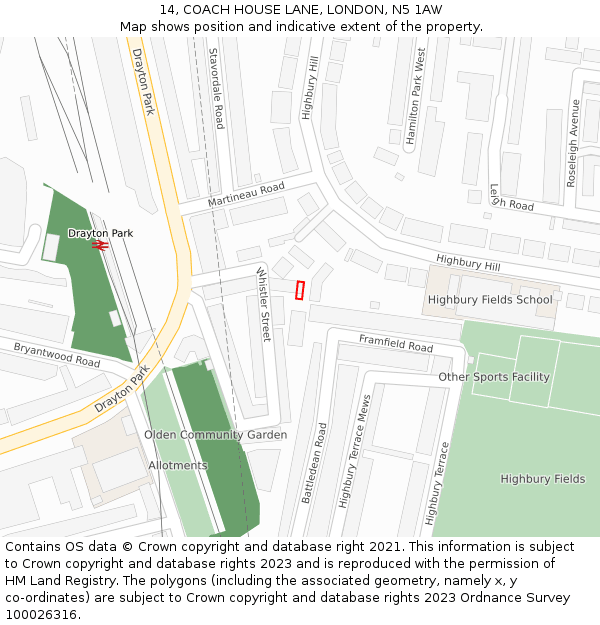 14, COACH HOUSE LANE, LONDON, N5 1AW: Location map and indicative extent of plot