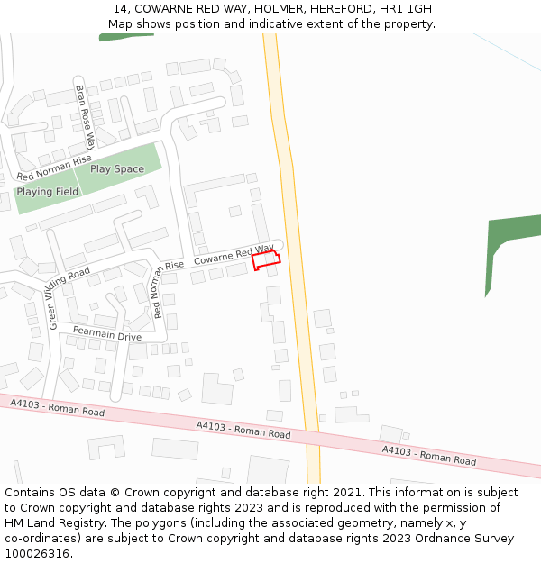 14, COWARNE RED WAY, HOLMER, HEREFORD, HR1 1GH: Location map and indicative extent of plot