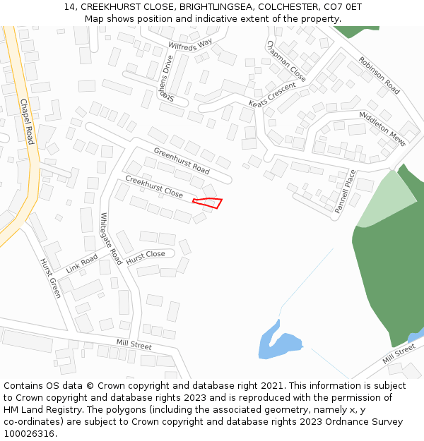 14, CREEKHURST CLOSE, BRIGHTLINGSEA, COLCHESTER, CO7 0ET: Location map and indicative extent of plot