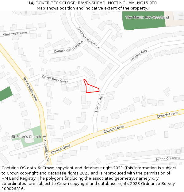 14, DOVER BECK CLOSE, RAVENSHEAD, NOTTINGHAM, NG15 9ER: Location map and indicative extent of plot