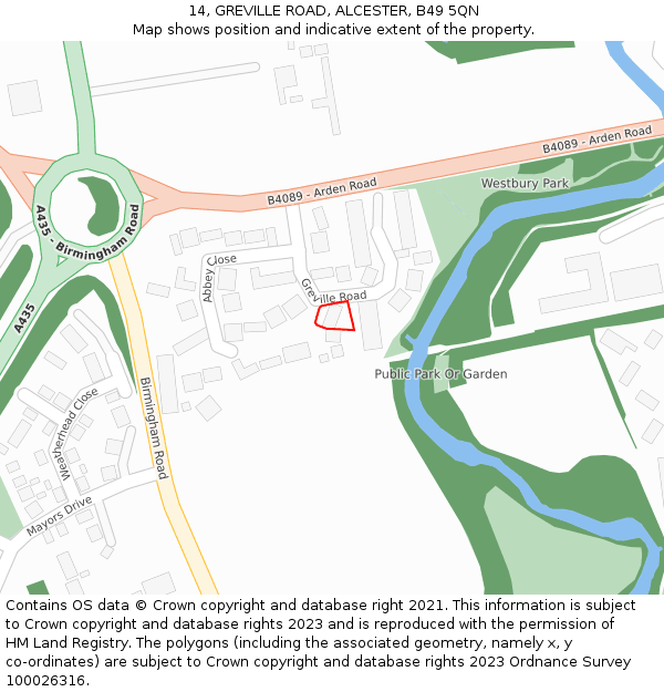 14, GREVILLE ROAD, ALCESTER, B49 5QN: Location map and indicative extent of plot