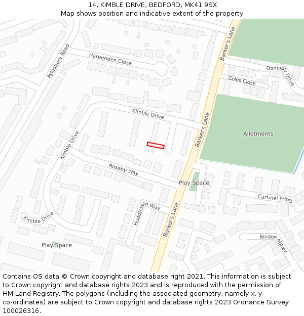 14, KIMBLE DRIVE, BEDFORD, MK41 9SX: Location map and indicative extent of plot