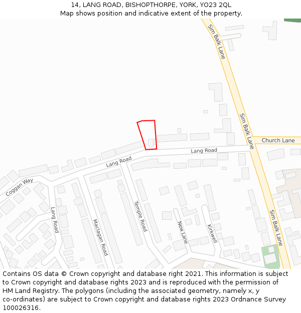 14, LANG ROAD, BISHOPTHORPE, YORK, YO23 2QL: Location map and indicative extent of plot