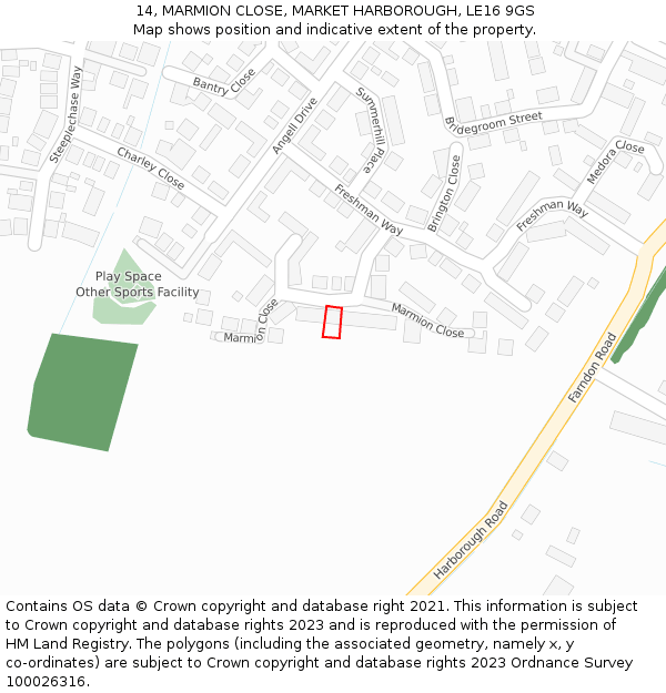 14, MARMION CLOSE, MARKET HARBOROUGH, LE16 9GS: Location map and indicative extent of plot