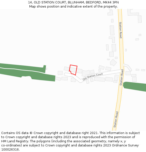 14, OLD STATION COURT, BLUNHAM, BEDFORD, MK44 3PN: Location map and indicative extent of plot