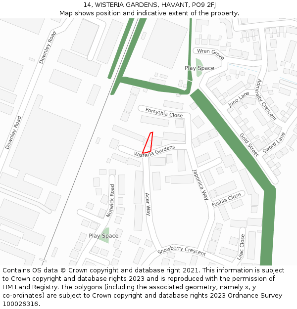 14, WISTERIA GARDENS, HAVANT, PO9 2FJ: Location map and indicative extent of plot