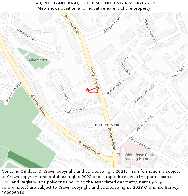 148, PORTLAND ROAD, HUCKNALL, NOTTINGHAM, NG15 7SA: Location map and indicative extent of plot