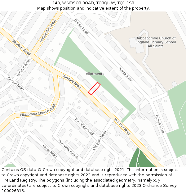 148, WINDSOR ROAD, TORQUAY, TQ1 1SR: Location map and indicative extent of plot